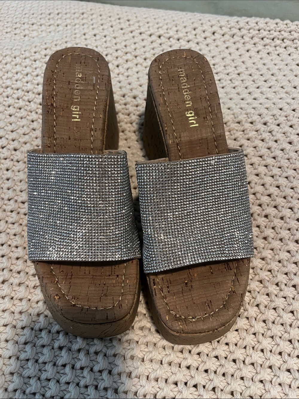 Madden Girl Silver Rhinestone Cork Platform Slide Mules
